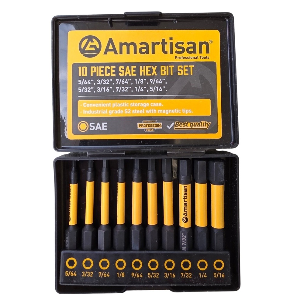 Amartisan 10 Piece SAE Hex‎ Bit Set S2 Steel Magnetic Tips with Storage Case Z2